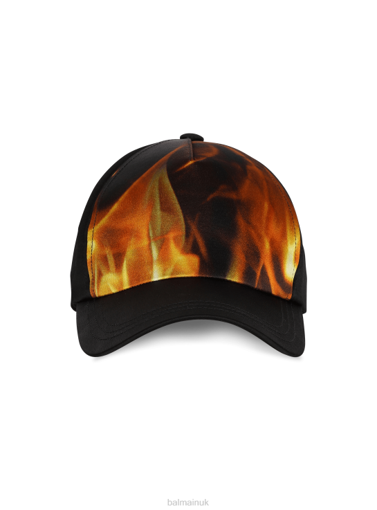 Accessories D00221176 Orange Balmain Men Fire Print Satin Cap