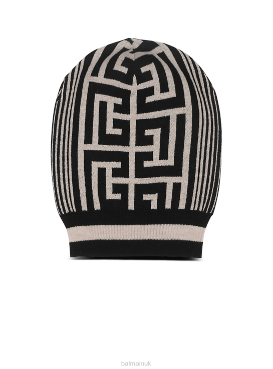Accessories D00221190 Black Balmain Men Wool Beanie With Embroidered Brand Monogram