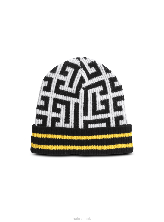 Accessories D00221193 Yellow Balmain Men Embroidered Wool Hat With Large Brand Monogram