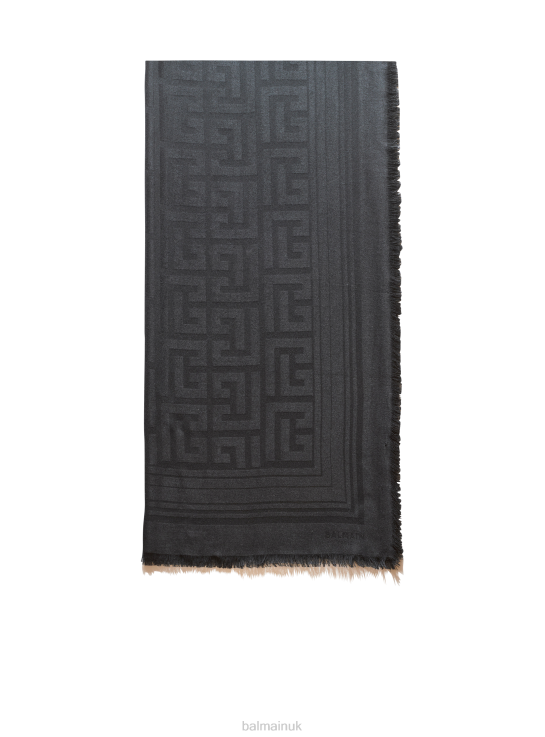 Accessories D00221199 Black Balmain Men Viscose Scarf With Brand Monogram Pattern