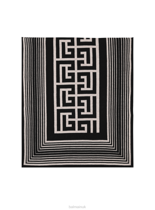 Accessories D00221201 Black Balmain Men Wool Scarf With Brand Monogram Pattern