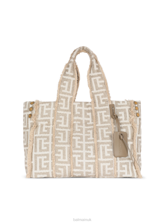 Accessories D00221152 Beige Balmain Men Xxl Monogrammed Raffia Tote Bag