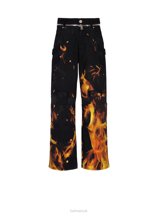 Clothing D0022811 Orange Balmain Men Fire Print Jeans With Inserts