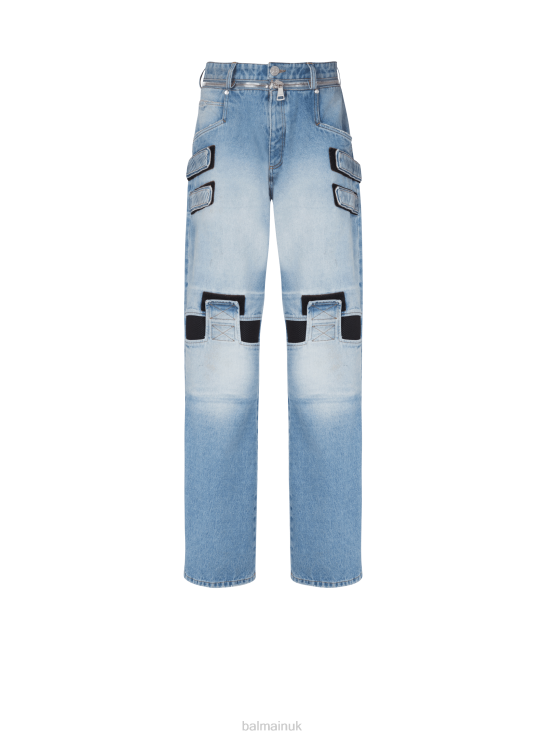Clothing D0022815 Blue Balmain Men Faded Wide-Leg Cotton Jeans With Velcro Strips