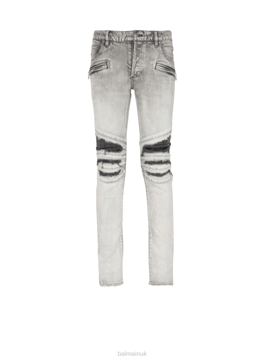 Clothing D0022831 Grey Balmain Men Slim Cut Ripped Cotton Jeans With Synthetic Leather Panels