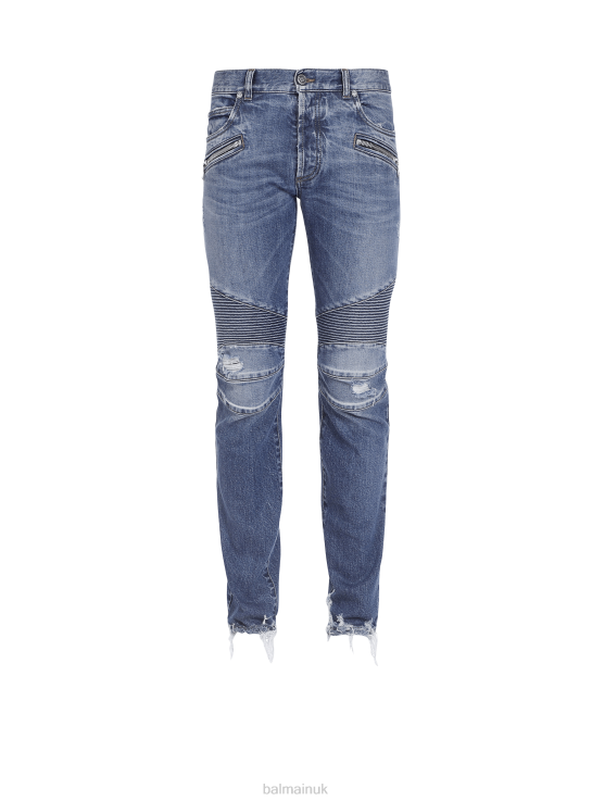 Clothing D0022832 Blue Balmain Men Tapered Ripped Cotton Jeans