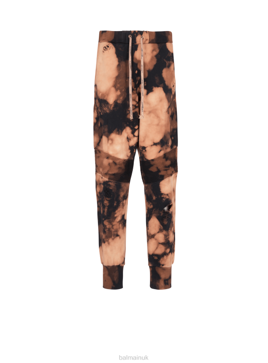 Clothing D00221077 Brown Balmain Men Cotton Jogging Bottoms With Burnt Print