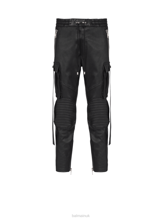Clothing D00221056 Black Balmain Men Leather Trousers With Strap