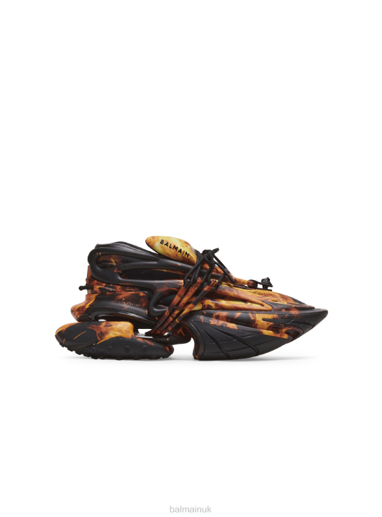 Footwear D00221093 Orange Balmain Men Unicorn Trainers In Fire Print Neoprene And Leather