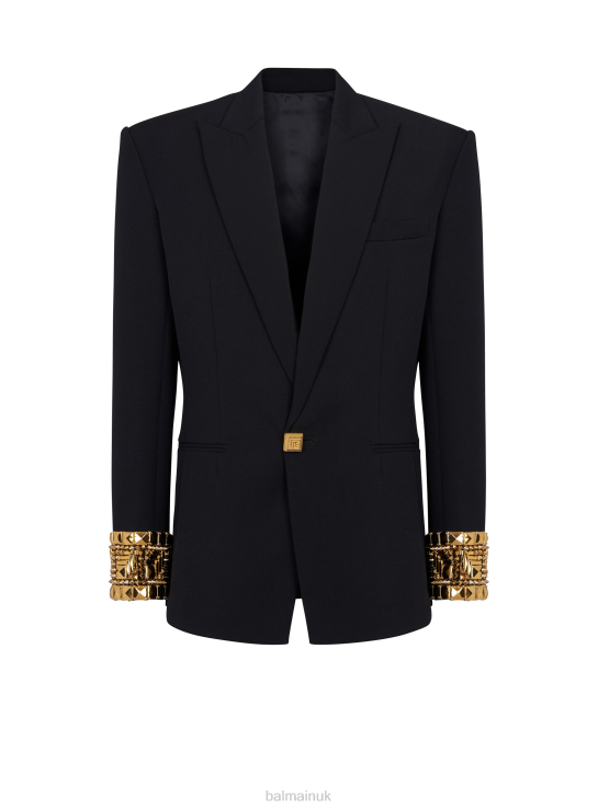 Clothing D00221000 Black Balmain Men Wool Blazer Embroidered With Pyramid Studs