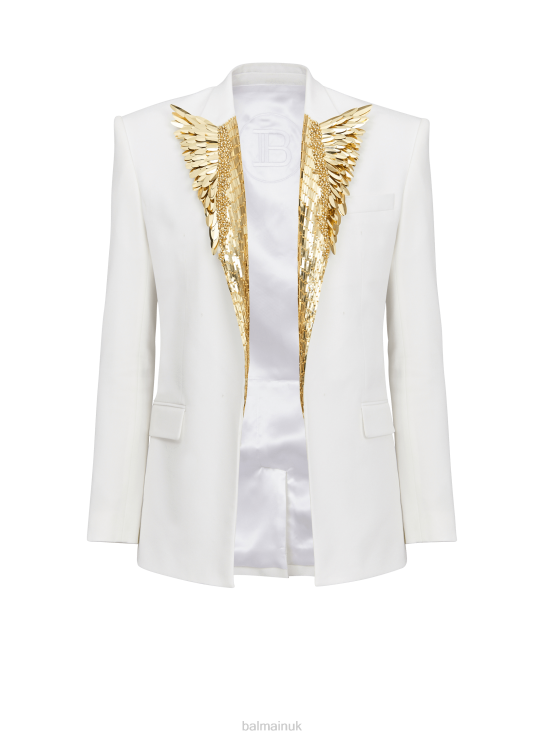 Clothing D00221003 White Balmain Men Blazer Embroidered With Gold Feathers
