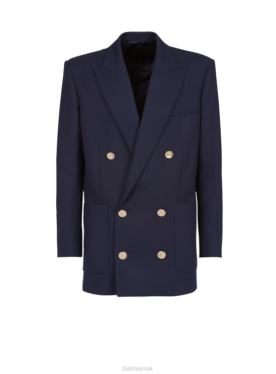 Clothing D00221007 Navy Balmain Men Twill Blazer With Double-Breasted Silver-Tone Buttoned Fastening