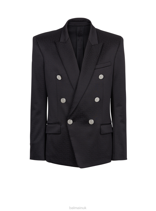 Clothing D00221010 Black Balmain Men Jersey Double-Breasted Blazer With Brand Monogram Print