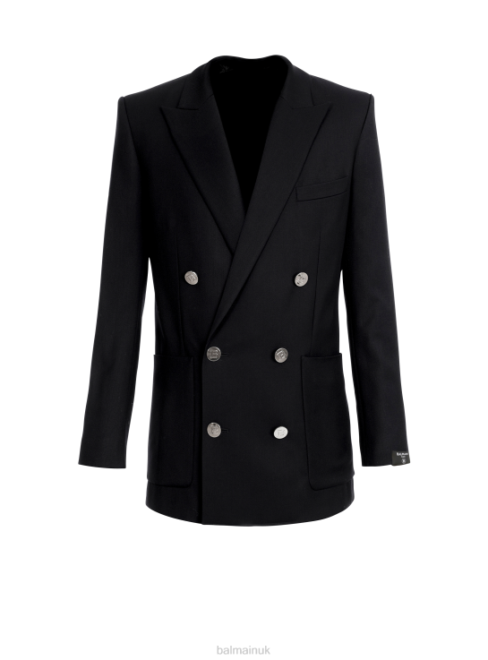 Clothing D00221014 Black Balmain Men Twill Blazer With Double-Breasted Silver-Tone Buttoned Fastening
