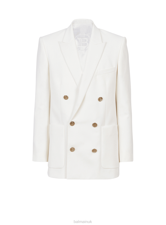 Clothing D00221016 White Balmain Men Twill Blazer With Double-Breasted Silver-Tone Buttoned Fastening