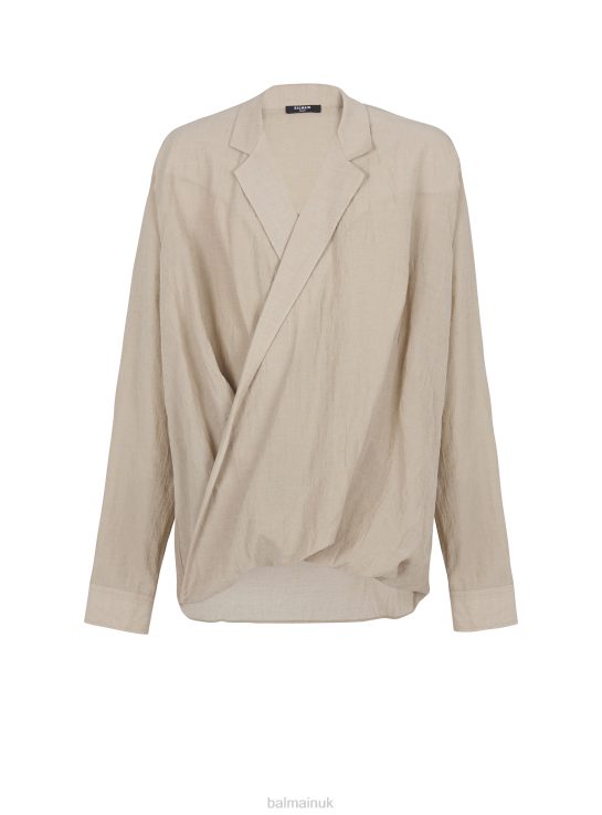 Clothing D0022902 Beige Balmain Men Cotton And Linen Draped Shirt