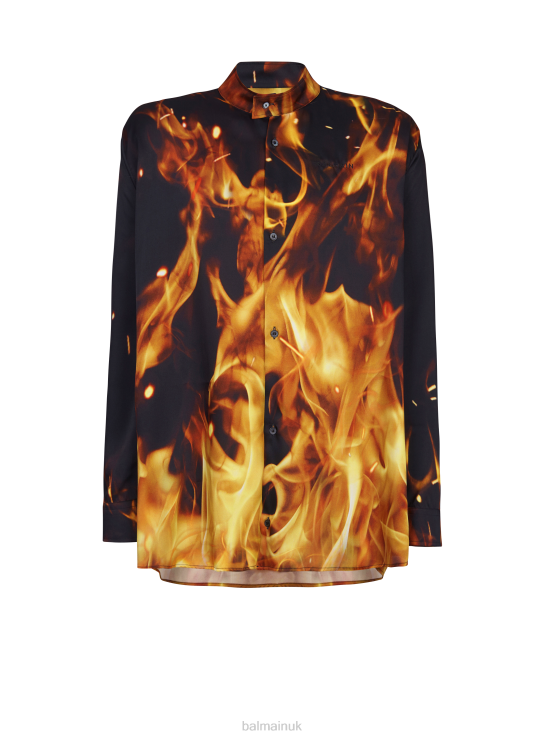 Clothing D0022903 Orange Balmain Men Fire Print Twill Shirt