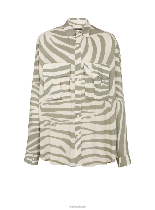 Clothing D0022911 Khaki Balmain Men Zebra Print Shirt