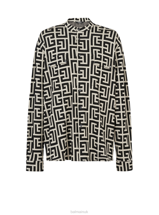 Clothing D0022922 Black Balmain Men Cotton Shirt With Maxi Brand Monogram Print