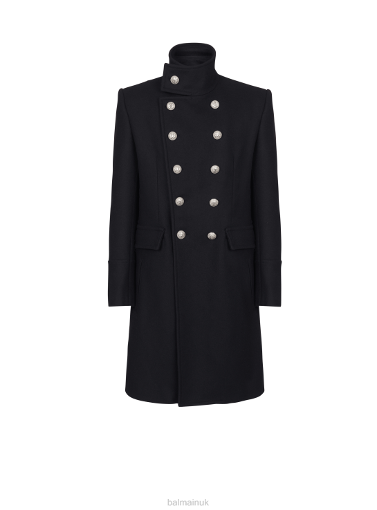 Clothing D00221027 Black Balmain Men Long Wool Military Style Coat