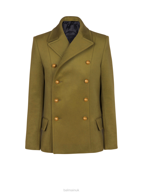 Clothing D00221032 Khaki Balmain Men Double-Breasted Wool Pea Coat