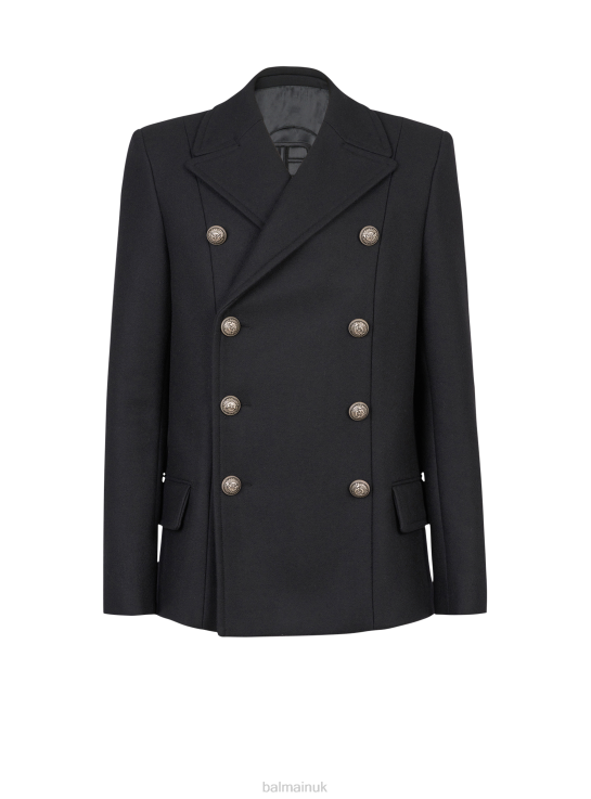 Clothing D00221037 Black Balmain Men Wool Pea Coat With Double-Breasted Silver-Tone Buttoned Fastening