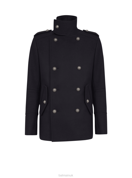 Clothing D00221047 Black Balmain Men Wool Military Pea Coat With Double-Breasted Silver-Tone Buttoned Fastening