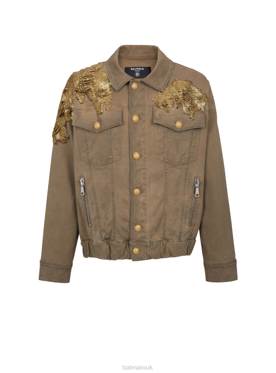 Clothing D0022818 Khaki Balmain Men Embroidered Denim Jacket