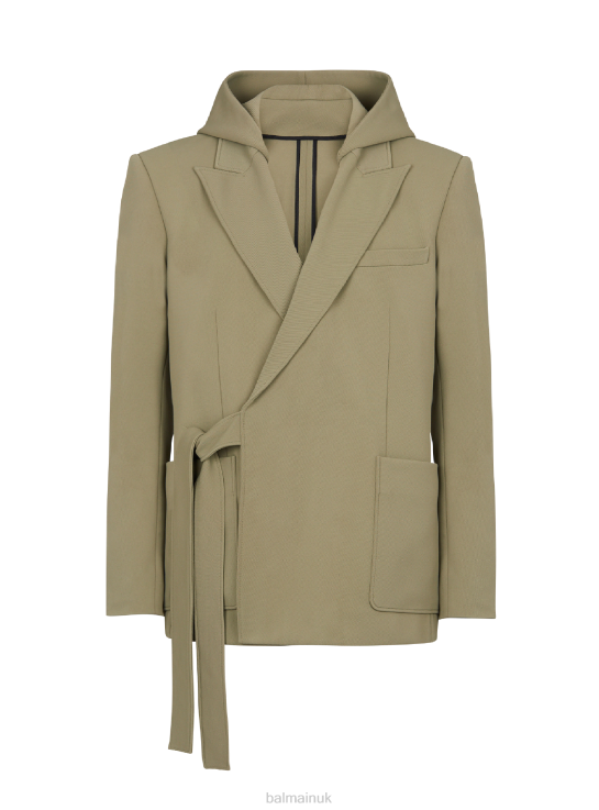 Clothing D00221004 Khaki Balmain Men Asymmetrical Cotton Jacket With Hood