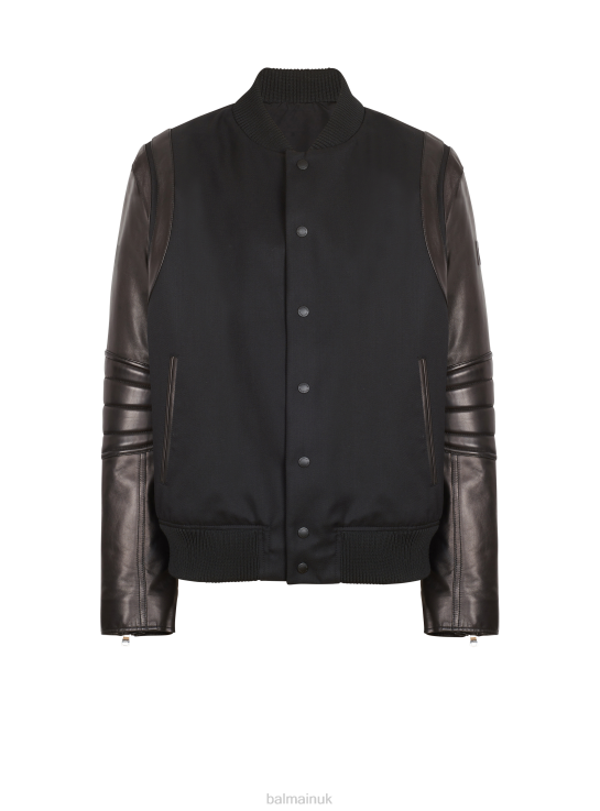Clothing D00221020 Black Balmain Men Wool And Leather Varsity Jacket
