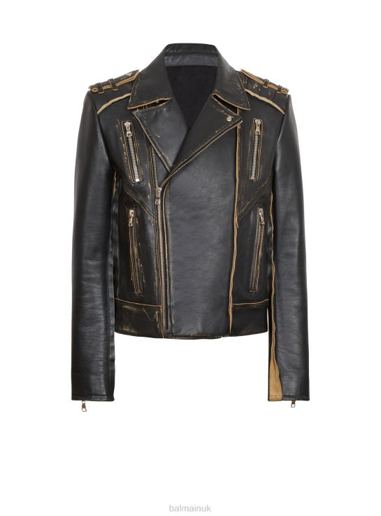 Clothing D00221021 Black Balmain Men Deconstructed Leather Biker Jacket