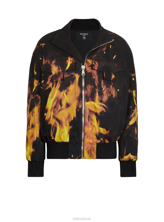 Clothing D00221022 Orange Balmain Men Fire Print Denim Bomber Jacket