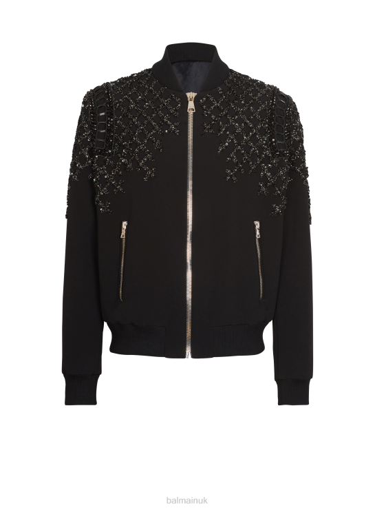 Clothing D00221023 Black Balmain Men Embroidered Crepe Bomber Jacket
