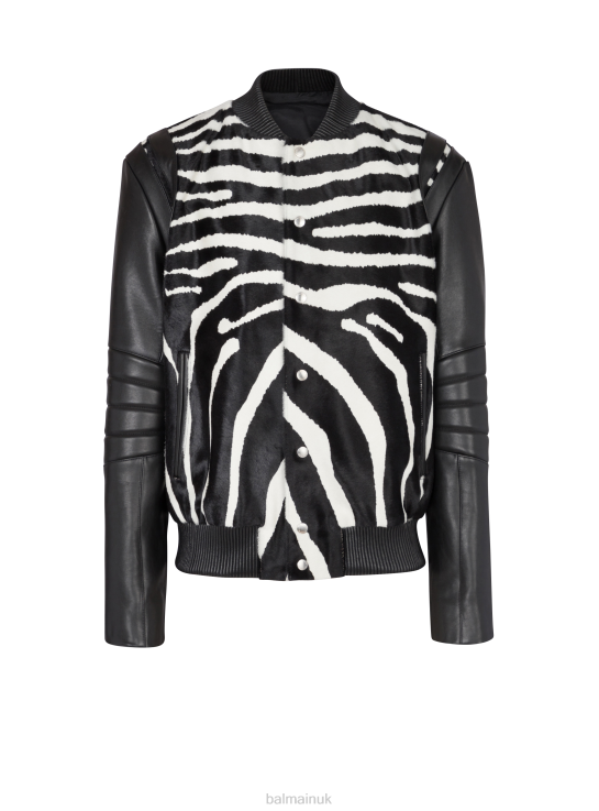 Clothing D00221029 Black Balmain Men Leather Bomber With Zebra Motif