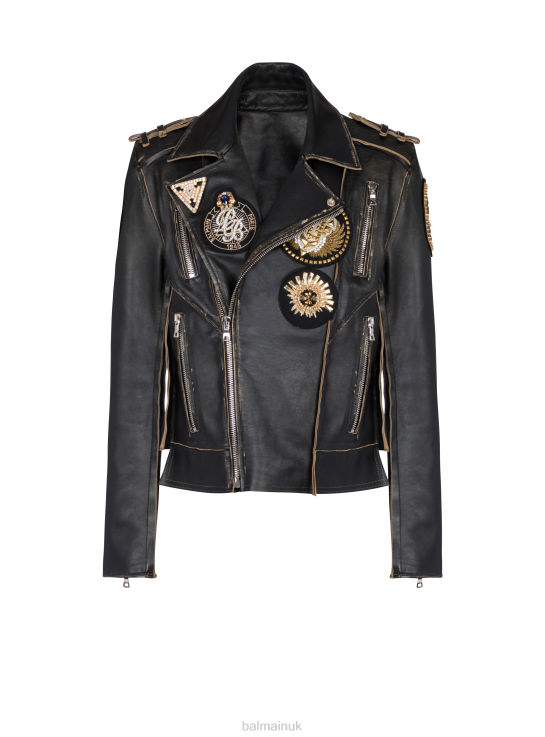 Clothing D00221030 Black Balmain Men Leather Biker Jacket With Embroidered Badges