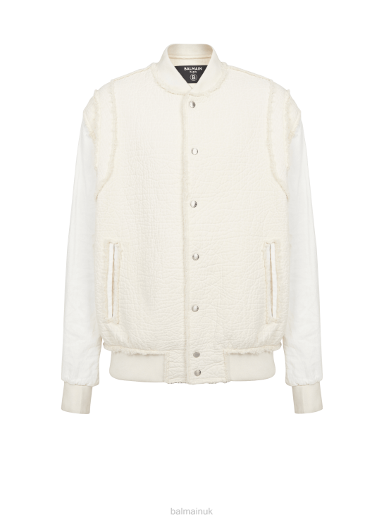 Clothing D00221035 White Balmain Men Textured Cotton Bomber Jacket