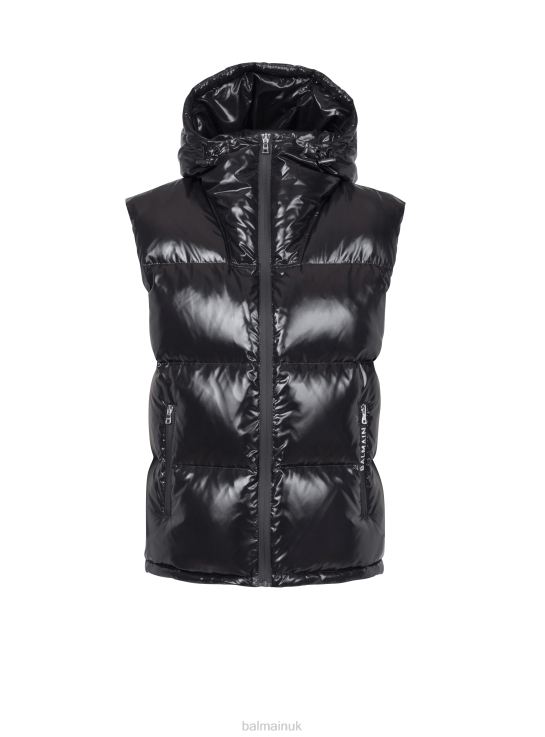 Clothing D00221038 Black Balmain Men Hooded Nylon Quilted Vest