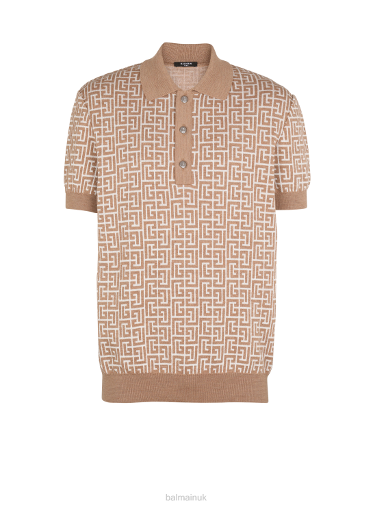 Clothing D0022901 Beige Balmain Men Monogrammed Knitted Polo Shirt