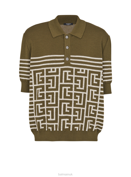Clothing D0022913 Khaki Balmain Men Wool Polo Shirt With Monogram And Stripes