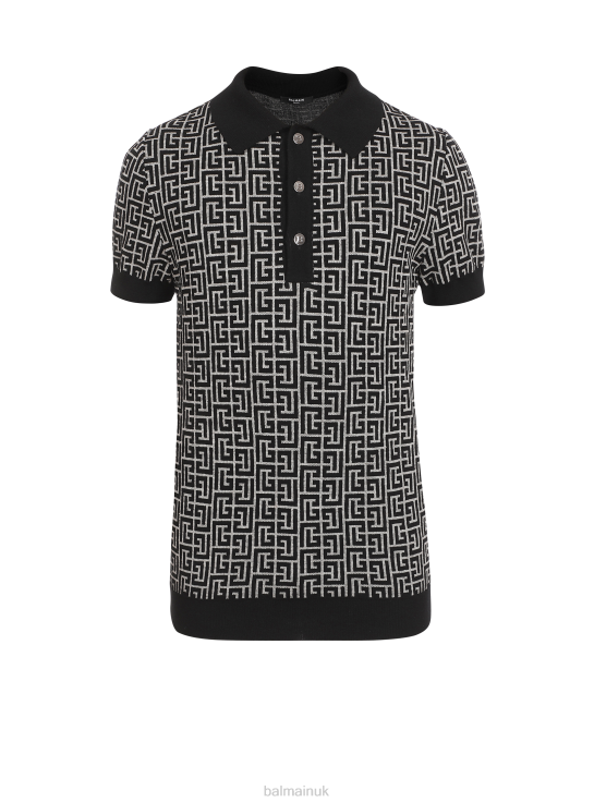 Clothing D0022918 Black Balmain Men Wool Polo Shirt With Monogram