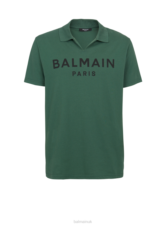 Clothing D0022926 Green Balmain Men Cotton Polo With Brand Logo Print