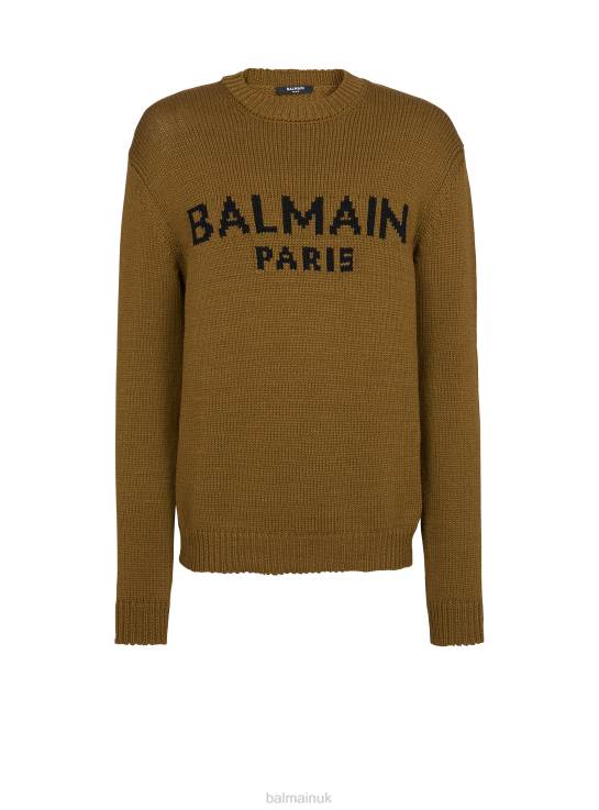 Clothing D0022976 Khaki Balmain Men Wool Jumper With Brand Logo