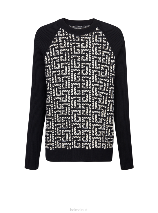 Clothing D0022978 Black Balmain Men Wool Jumper With Marbled Monogram