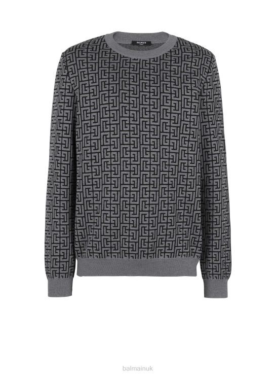 Clothing D0022984 Grey Balmain Men Wool Jumper With Brand Monogram