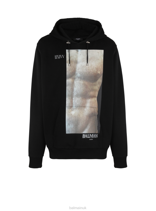 Clothing D0022933 Black Balmain Men Statue Print Hoodie