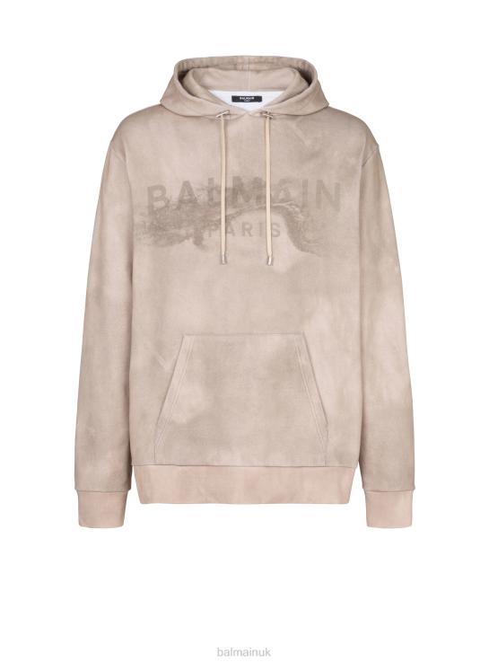 Clothing D0022939 Beige Balmain Men Hoodie In Eco-Responsible Cotton With Brand Paris Desert Logo Print