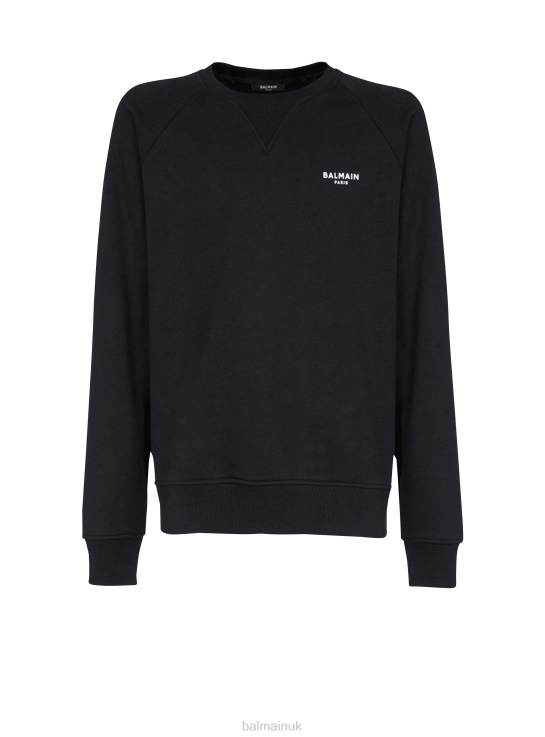 Clothing D0022947 Black Balmain Men Eco-Designed Cotton Sweatshirt With Small Flocked Brand Paris Logo