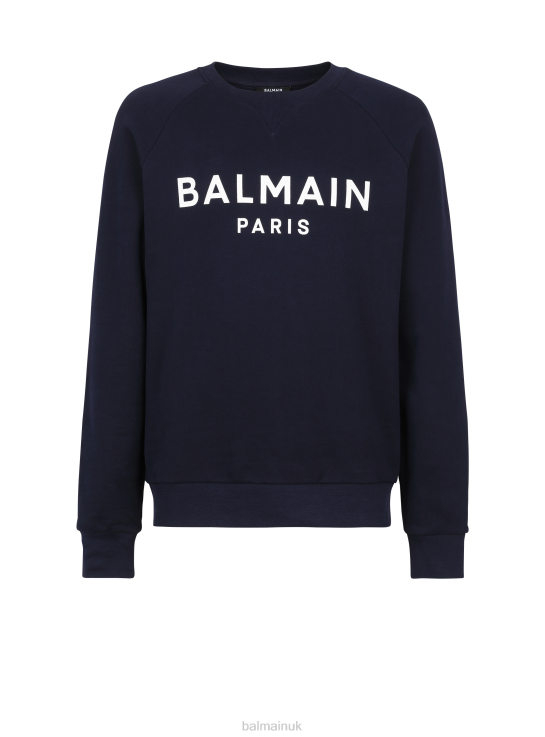 Clothing D0022960 Navy Balmain Men Cotton Sweatshirt With Flocked Brand Paris Logo