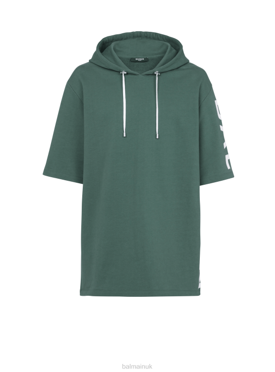Clothing D0022965 Green Balmain Men Oversized Eco-Designed Cotton Hooded Sweatshirt With Brand Logo Print