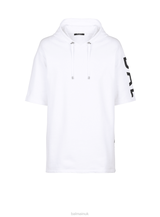 Clothing D0022966 White Balmain Men Oversized Eco-Designed Cotton Hooded Sweatshirt With Brand Logo Print